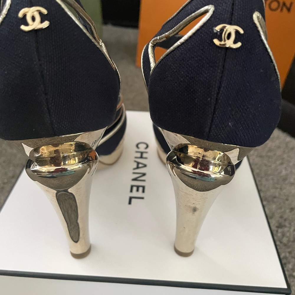 "Navy Canvas Chanel Pumps with Gold Heel - Authentic Luxury on Poshmark" - Picture 8 of 11